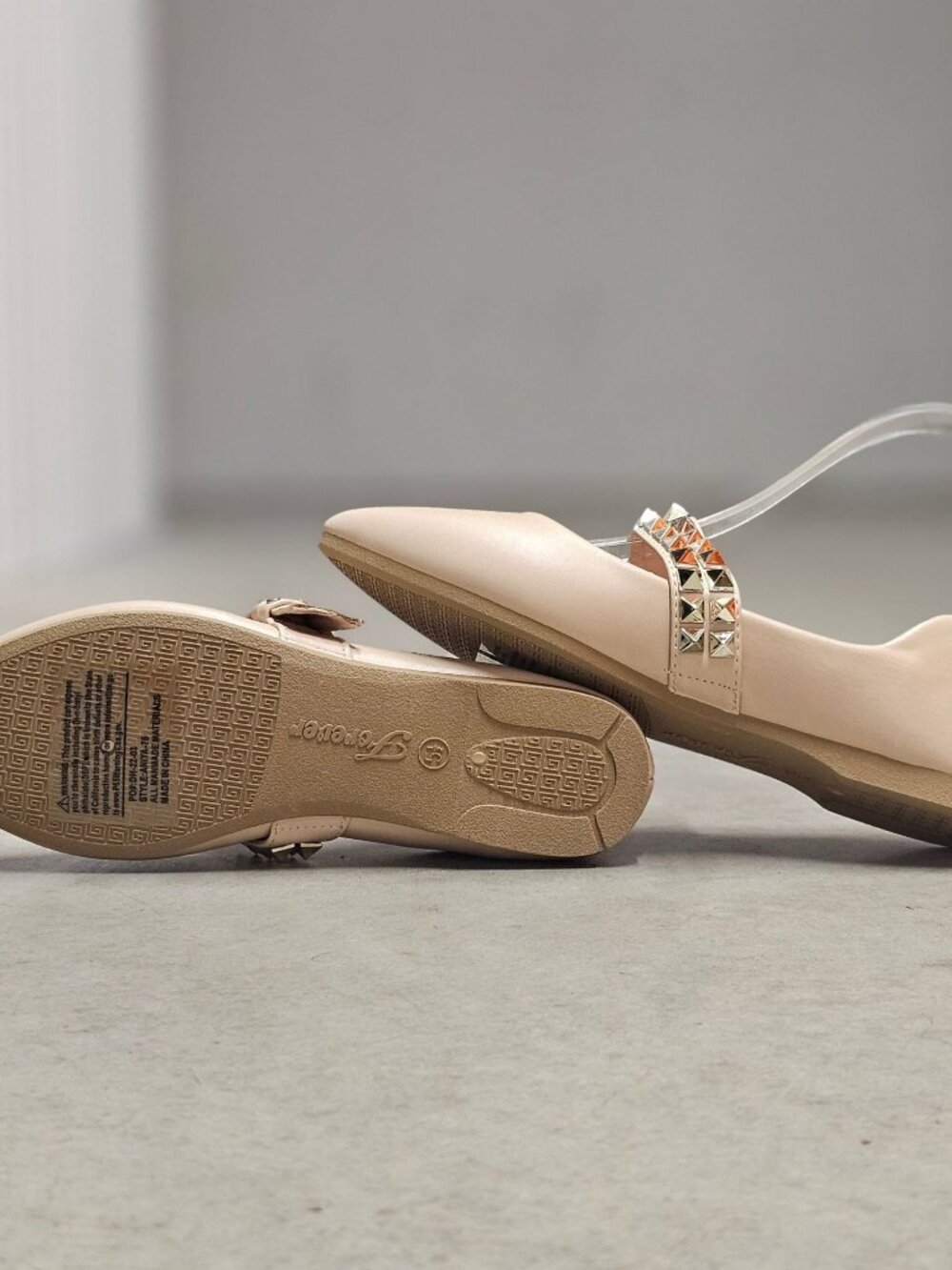Studded Metallic Strap Beige Pointed-Toe Flats For Girls - Comfortable & Stylish - Picture 7 of 10